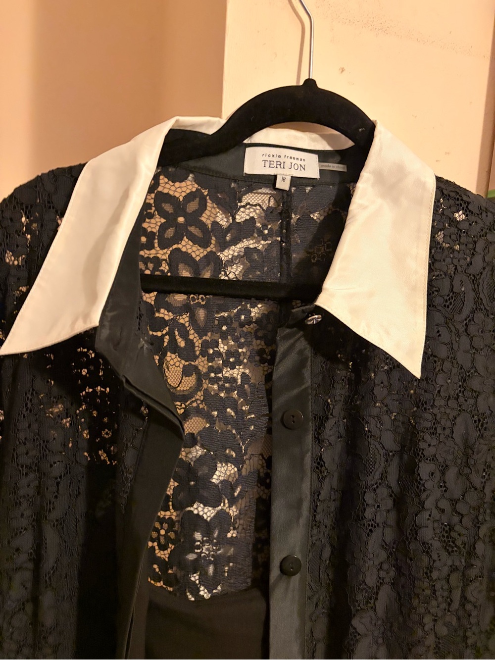 Teri Jon Black Lace Maxi Dress with White Collar and Cuffs - Picture 6 of 16